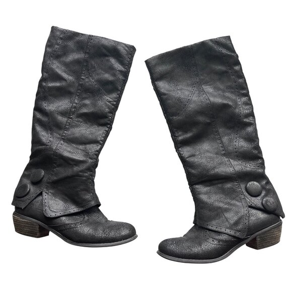 Not Rated Black Perforated Knee-High Faux Leather Boots Buttons Low Heels Size 9 - Picture 2 of 8